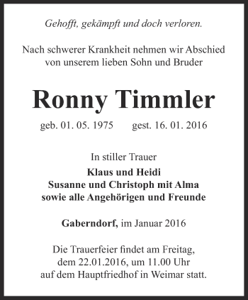 Traueranzeige von Ronny Timmler von Thüringer Allgemeine, Thüringische Landeszeitung