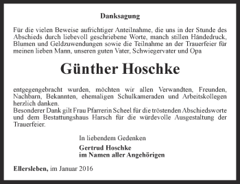 Traueranzeige von Günther Hoschke von Thüringer Allgemeine