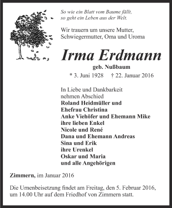 Traueranzeige von Irma Erdmann von Ostthüringer Zeitung, Thüringische Landeszeitung