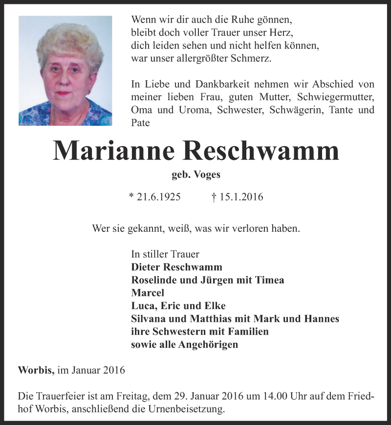  Traueranzeige für Marianne Reschwamm vom 26.01.2016 aus Thüringer Allgemeine