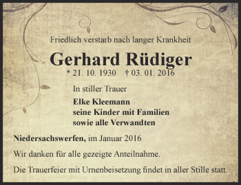 Traueranzeige von Gerhard Rüdiger von Thüringer Allgemeine