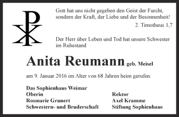 Traueranzeige von Anita  Reumann von Thüringer Allgemeine, Thüringische Landeszeitung