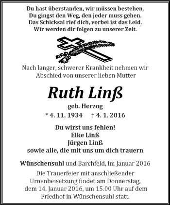 Traueranzeige von Ruth Linß von Thüringer Allgemeine, Thüringische Landeszeitung