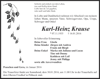Traueranzeige von Karl-Heinz Krause von Ostthüringer Zeitung