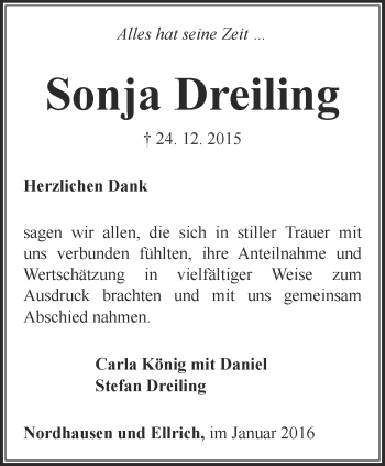 Traueranzeige von Sonja Dreiling von Thüringer Allgemeine