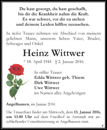 Traueranzeige von Heinz Wittwer von Thüringer Allgemeine