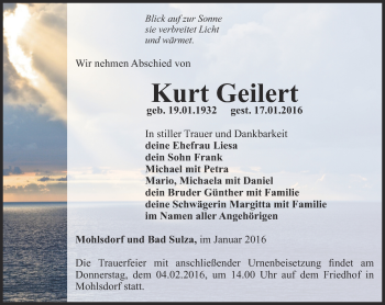 Traueranzeige von Kurt Geilert von Ostthüringer Zeitung