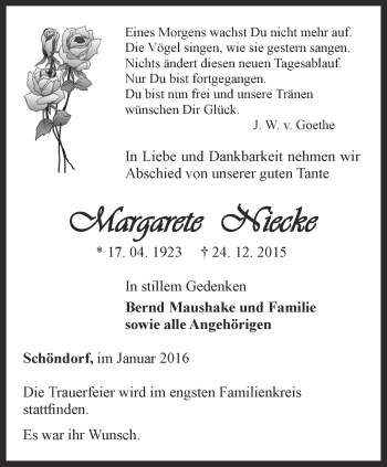 Traueranzeige von Margarete Niecke von Thüringer Allgemeine, Thüringische Landeszeitung