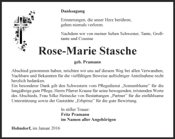 Traueranzeige von Rose-Marie Stasche von Ostthüringer Zeitung