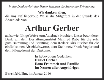 Traueranzeige von Arthur Gerber von Thüringer Allgemeine, Thüringische Landeszeitung