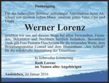 Traueranzeige von Werner Lorenz von Thüringer Allgemeine, Thüringische Landeszeitung