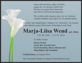 Traueranzeige von Marja-Liisa Wend von Ostthüringer Zeitung, Thüringische Landeszeitung