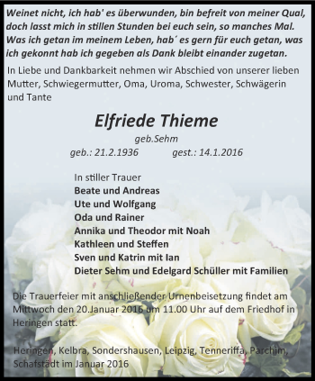 Traueranzeige von Elfriede Thieme von Thüringer Allgemeine