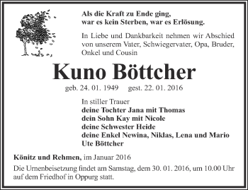 Traueranzeige von Kuno Böttcher von Ostthüringer Zeitung
