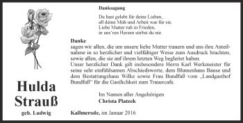 Traueranzeige von Hulda Strauß von Thüringer Allgemeine