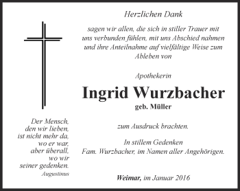 Traueranzeige von Ingrid Wurzbacher von Thüringer Allgemeine, Thüringische Landeszeitung