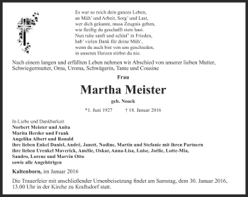 Traueranzeige von Martha Meister von Ostthüringer Zeitung