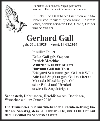 Traueranzeige von Gerhard Gall von Thüringer Allgemeine, Thüringische Landeszeitung