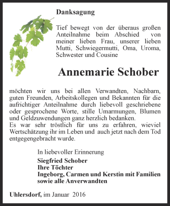 Traueranzeige von Annemarie Schober von Ostthüringer Zeitung