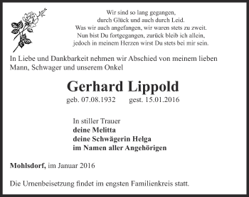 Traueranzeige von Gerhard Lippold von Ostthüringer Zeitung