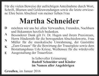 Traueranzeige von Martha Schneider von Thüringer Allgemeine