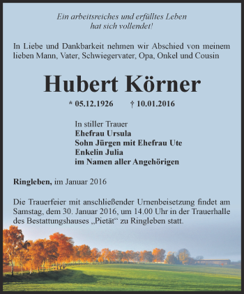 Traueranzeige von Hubert Körner von Thüringer Allgemeine