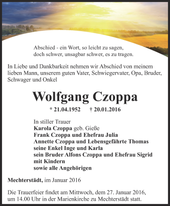 Traueranzeige von Wolfgang Czoppa von Ostthüringer Zeitung, Thüringische Landeszeitung