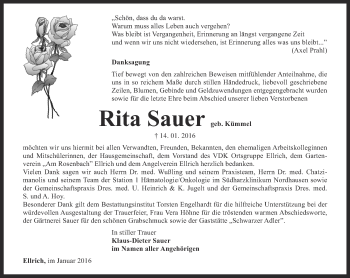 Traueranzeige von Rita Sauer von Thüringer Allgemeine