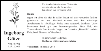 Traueranzeige von Ingeborg Götze von Thüringer Allgemeine, Thüringische Landeszeitung