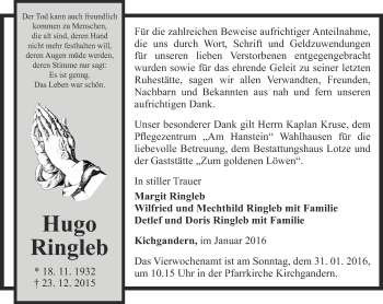 Traueranzeige von Hugo Ringleb von Thüringer Allgemeine