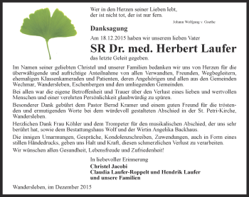 Traueranzeige von Herbert Laufer von Ostthüringer Zeitung, Thüringische Landeszeitung