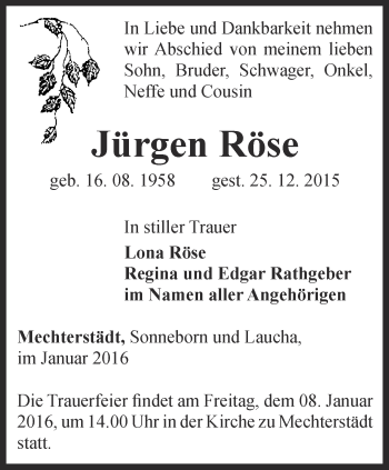 Traueranzeige von Jürgen Röse von Ostthüringer Zeitung, Thüringische Landeszeitung