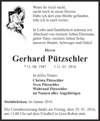 Traueranzeige von Gerhard Pützschler von Ostthüringer Zeitung