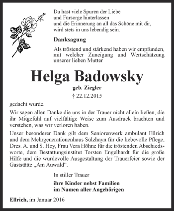 Traueranzeige von Helga Badowsky von Thüringer Allgemeine