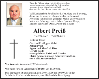 Traueranzeige von Albert Preiß von Thüringer Allgemeine