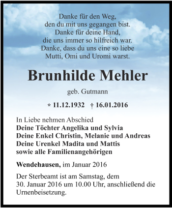 Traueranzeige von Brunhilde Mehler von Thüringer Allgemeine, Thüringische Landeszeitung