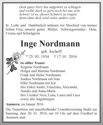 Traueranzeige von Inge Nordmann von Thüringer Allgemeine, Thüringische Landeszeitung