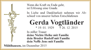Traueranzeige von Gerda Vogtländer von Thüringer Allgemeine, Thüringische Landeszeitung