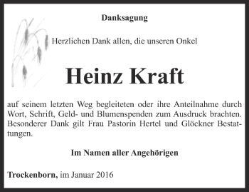 Traueranzeige von Heinz Kraft von Ostthüringer Zeitung