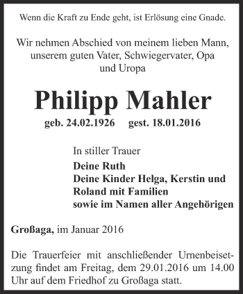 Traueranzeige von Philipp Mahler von Ostthüringer Zeitung