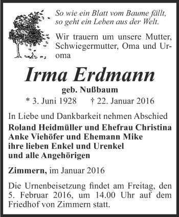 Traueranzeige von Irma Erdmann von Thüringer Allgemeine, Thüringische Landeszeitung