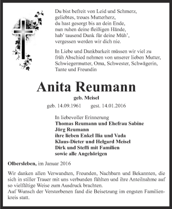 Traueranzeige von Anita Reumann von Thüringer Allgemeine