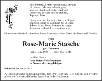 Traueranzeige von Rose-Marie Stasche von Ostthüringer Zeitung