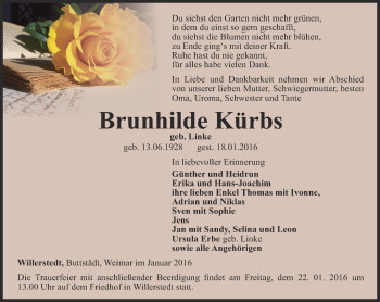 Traueranzeige von Brunhilde Kürbs von Thüringer Allgemeine, Thüringische Landeszeitung