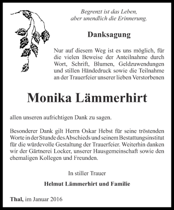 Traueranzeige von Monika Lämmerhirt von Thüringer Allgemeine, Thüringische Landeszeitung