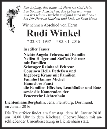 Traueranzeige von Rudi Winkel von Ostthüringer Zeitung