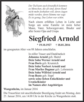 Traueranzeige von Siegfried Arnold von Ostthüringer Zeitung, Thüringische Landeszeitung