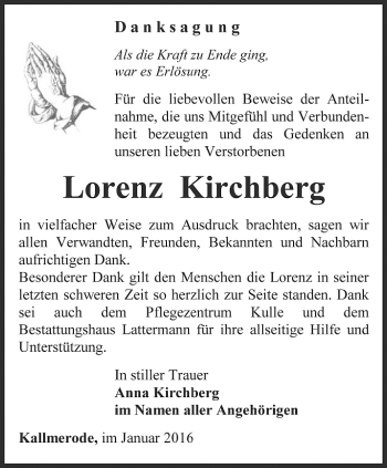 Traueranzeige von Lorenz Kirchberg von Thüringer Allgemeine