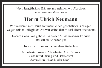 Traueranzeige von Ulrich Neumann von Thüringer Allgemeine, Thüringische Landeszeitung