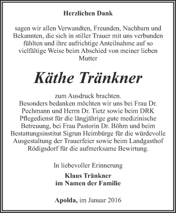 Traueranzeige von Käthe Tränkner von Thüringer Allgemeine, Thüringische Landeszeitung